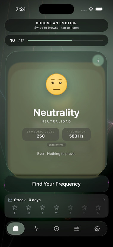 Explore screen in dark with the Neutrality card and the “Find your frequency” button.
