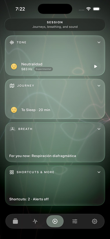 Session screen with the Tone, Journey, Breathe and Shortcuts cards.