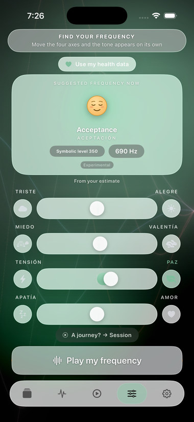 Find screen with the four emotion axes and the “Play my frequency” button.