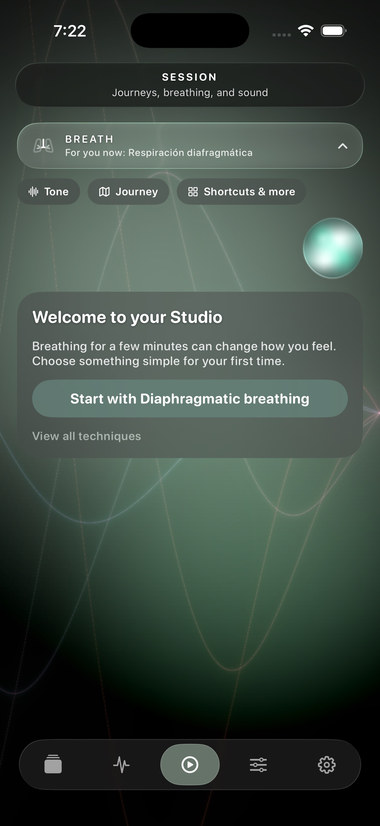 Breathe expanded inside Session, with the welcome to the studio and diaphragmatic breathing.