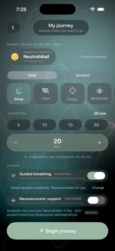 Journey builder with suggested starting point, goal, duration and the sound and breathing layers.