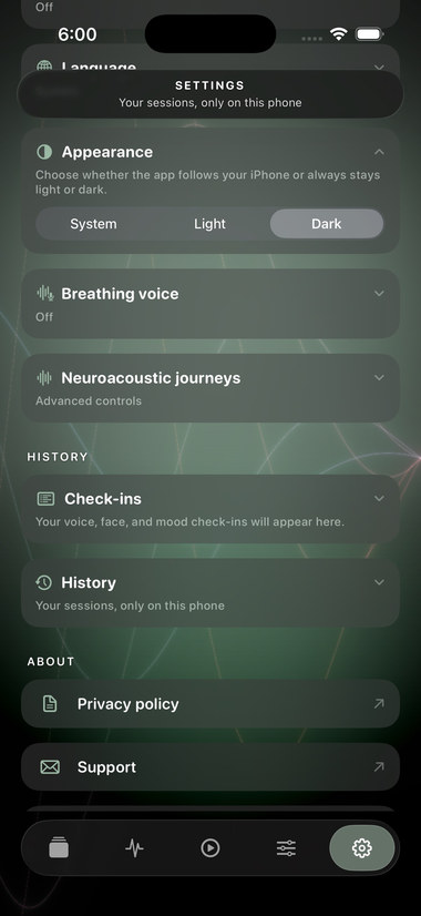Appearance settings in dark.