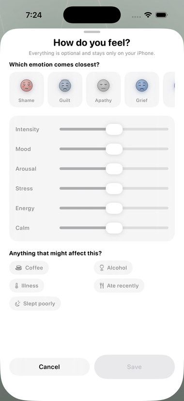“How do you feel?” sheet in English with the emotion chips, the sliders and the factors of the day.