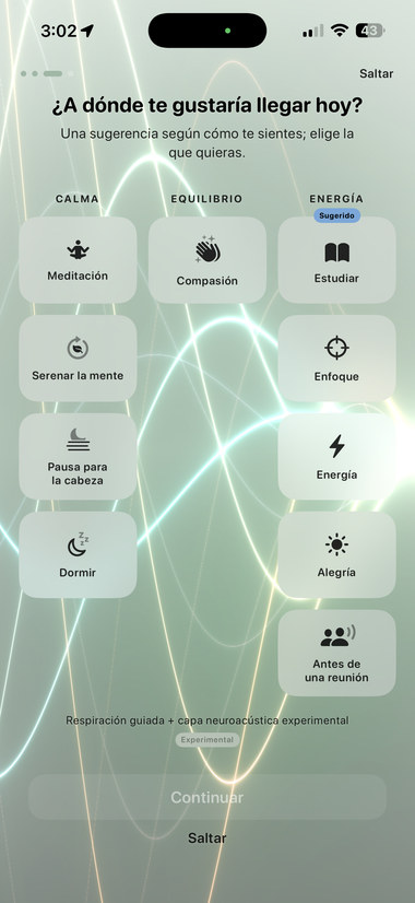 “Where would you like to get to today?” screen with destinations grouped into calm, balance and energy.