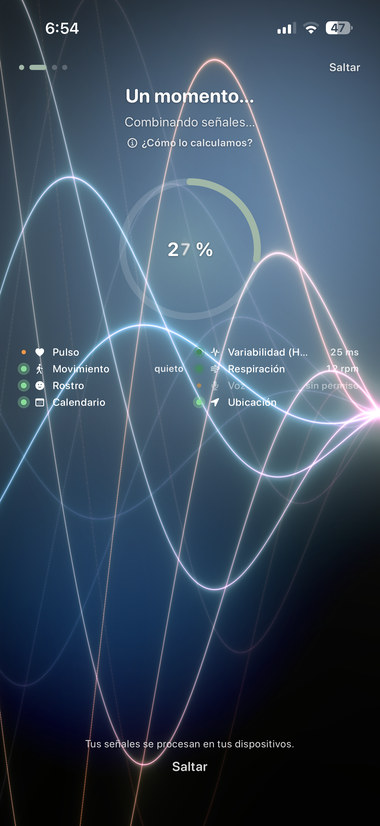 Measurement in progress at 27% with the list of signals: pulse, movement, face, calendar, variability, breathing, voice and location.