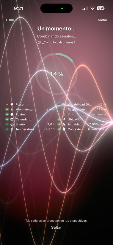 Measurement in progress at 14% with sleep, temperature, activity and context among the signals.
