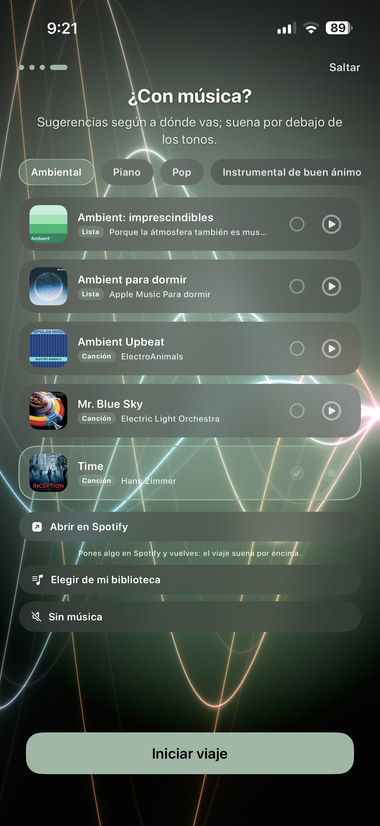 “With music?” screen with ambient, piano and pop suggestions and the Spotify link.