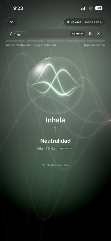 Session in progress: “Inhale”, Neutrality, Alpha 10 Hz, leg 1 of 5.