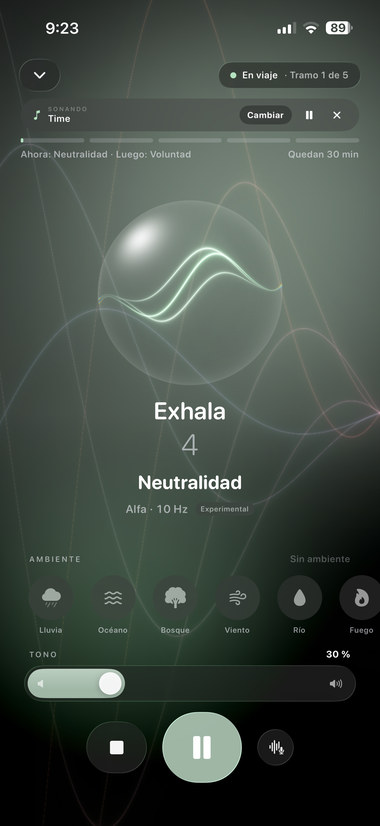 Session in progress: “Exhale”, with music playing and 30 minutes to go.