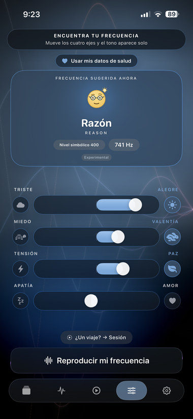 Find screen with the suggested frequency, Reason at 741 Hz, and the sliders for the four axes.