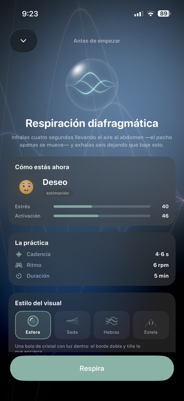 Before a diaphragmatic breathing session: how you are now, pace, rate, duration and visual style.