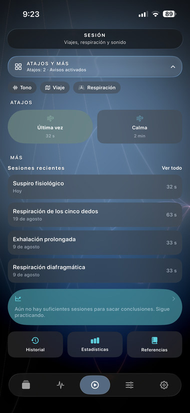 Session screen with shortcuts, the last session, recent sessions and history.