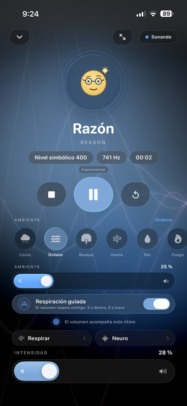 Tone session: Reason at 741 Hz, Ocean ambience, guided breathing on and the intensity control.