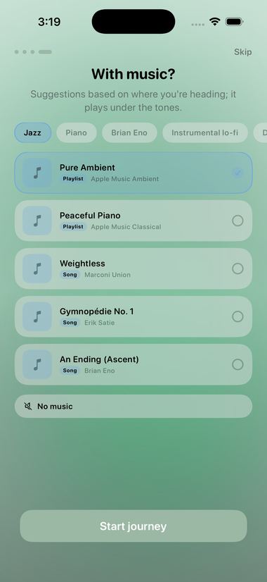 Sugerencias según el destino y tus gustos —hasta tres géneros y tres artistas— o un enlace directo a Spotify.