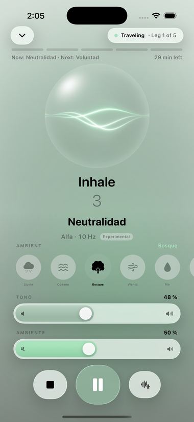 Respiración guiada con la capa neuroacústica y, si la activas, una voz susurrada que acompaña cada fase.